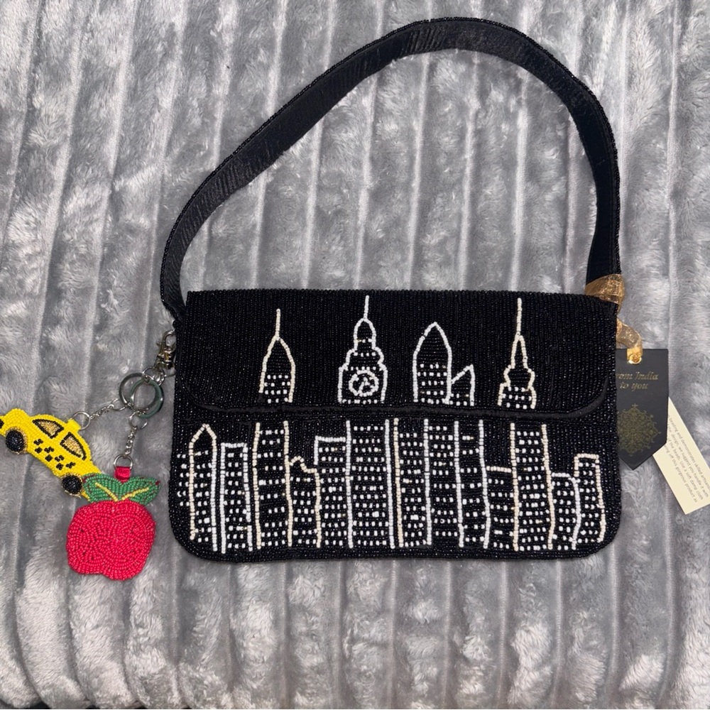 Viral India Boutique Black and White Beaded Cityscape Clutch
